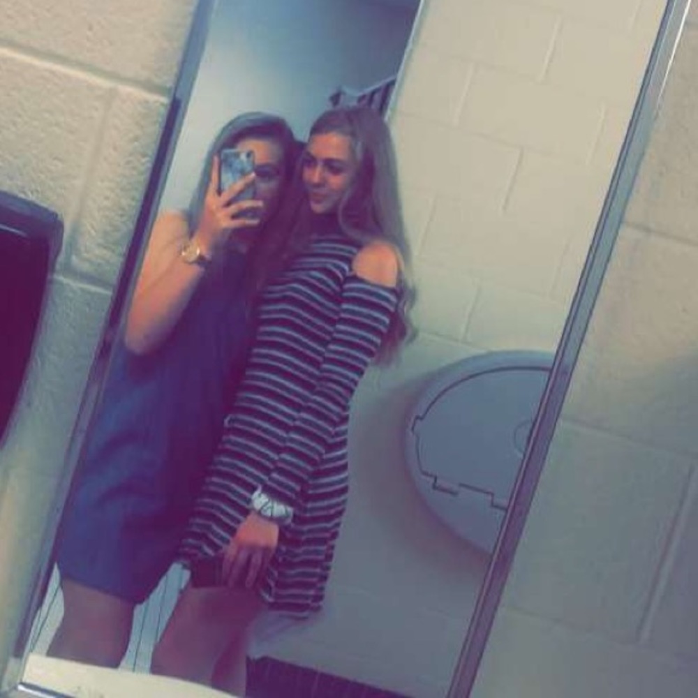 blue black white and gray striped dress